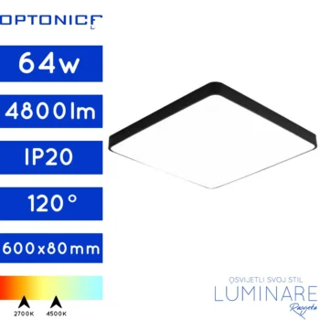 LED PLAFONJERA 64W KVADRATNA CRNA 600x600x80mm