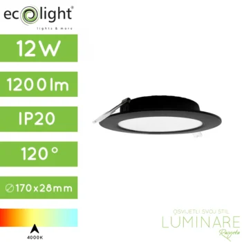 led panel 12w okrugli ugradbeni crni neutralne boje svjetlosti-luminare rasvjeta