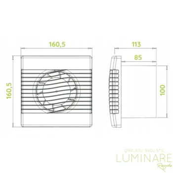 Dimenzije airRoxy pRim kupaonskih ventilatora promjera 100mm