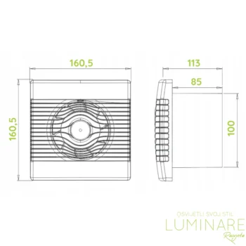 Dimenzije airRoxy pRemium kupaonskih ventilatora promjera 100mm