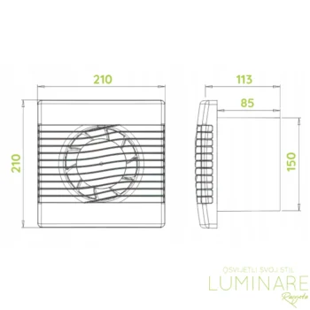 Dimenzije airRoxy pRim kupaonskih ventilatora promjera 150mm