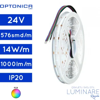 RGB led traka cob-576led-24v-14w-ip20-10milimetara-1000lumena-luminare rasvjeta