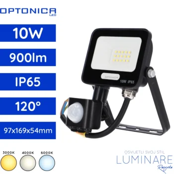 Crni LED reflektor sa senzorom SMD 10W (900 lm, 90 lm/W) u 3000K, 4000K i 6000K.