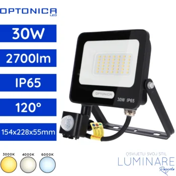 Crni LED reflektor sa senzorom SMD 30W (2700 lm, 90 lm/W) u 3000K, 4000K i 6000K.
